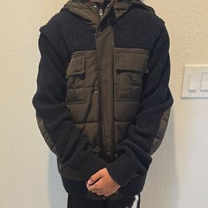 Black and Olive Hooded Jacket with Knit Sleeves